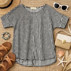 Spense Womens Sm Black White Striped Boxy Tunic Top Mixed Stripe Short Sleeve